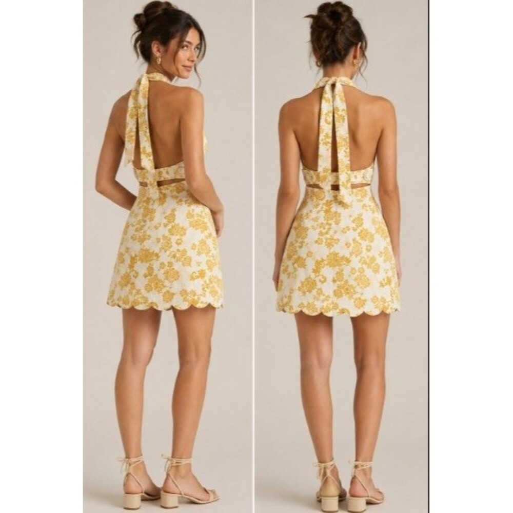 Maeve Anthropologie Floral Halter Mini Dress Scalloped V-Neck Pockets Women's 6 - Picture 3 of 10